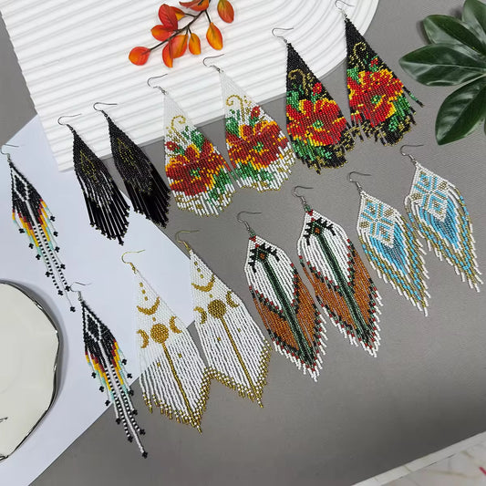Long beaded fringe earrings with bohemian style