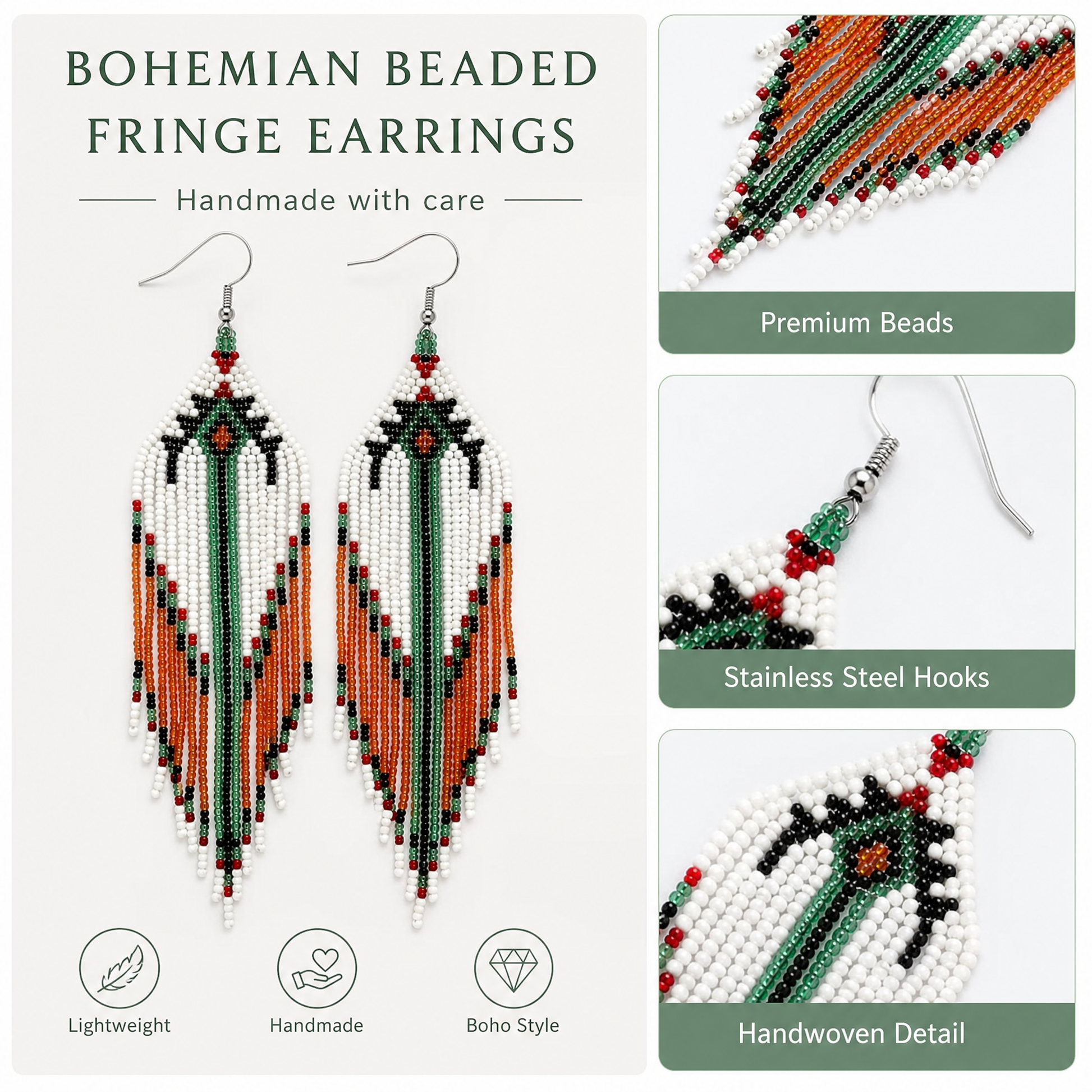 Close-up of colorful glass beaded dangle earrings