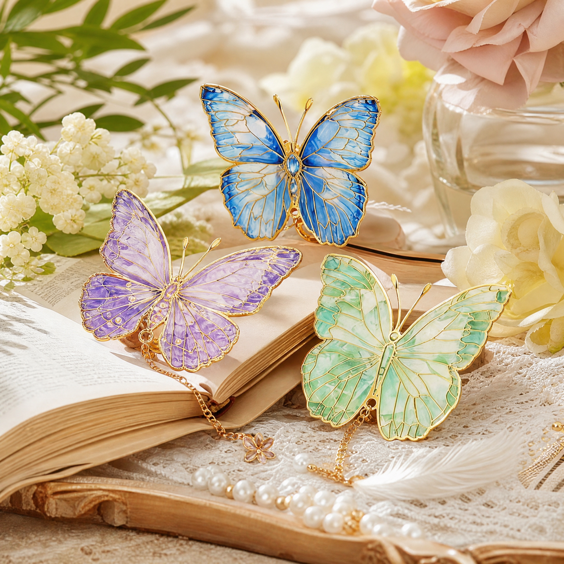 Butterfly bookmark placed inside an open book