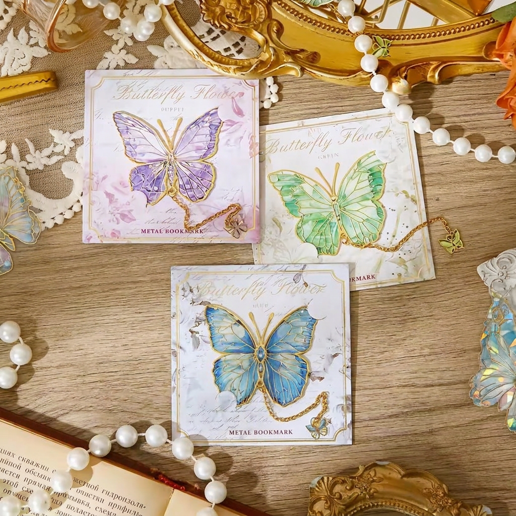 Close-up of a butterfly-shaped metal bookmark
