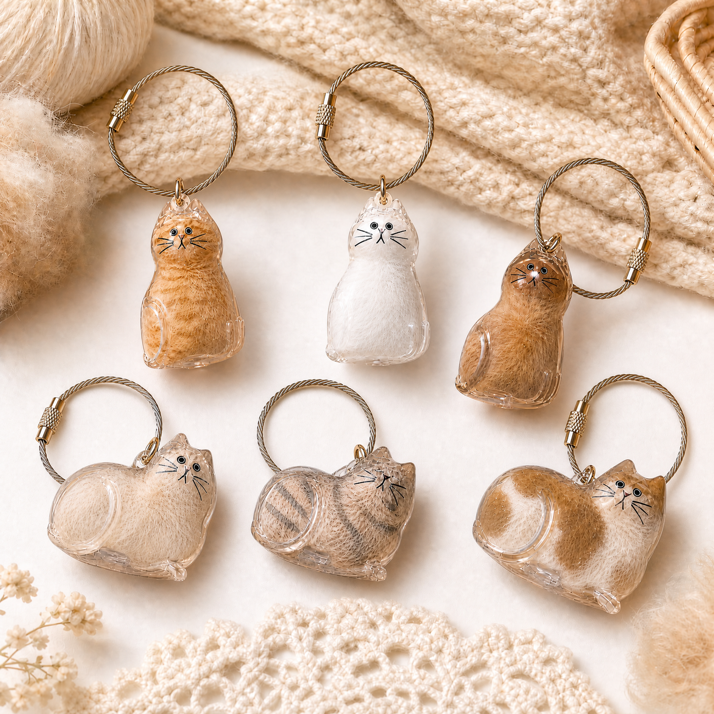 Clear cat-shaped keychain capsules for fur or tiny notes