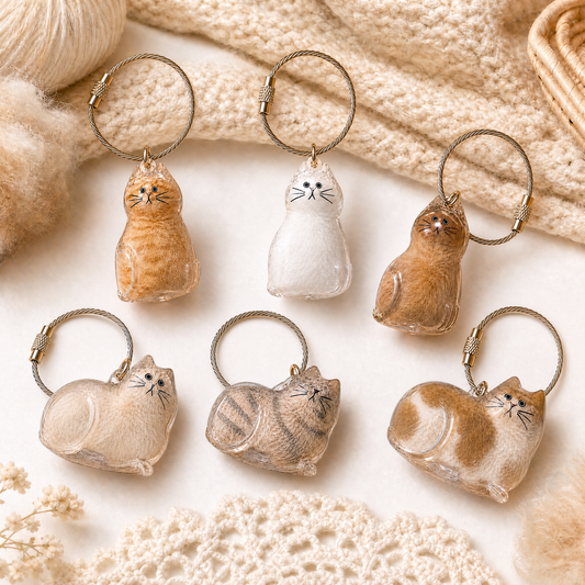 Clear cat-shaped keychain capsules for fur or tiny notes
