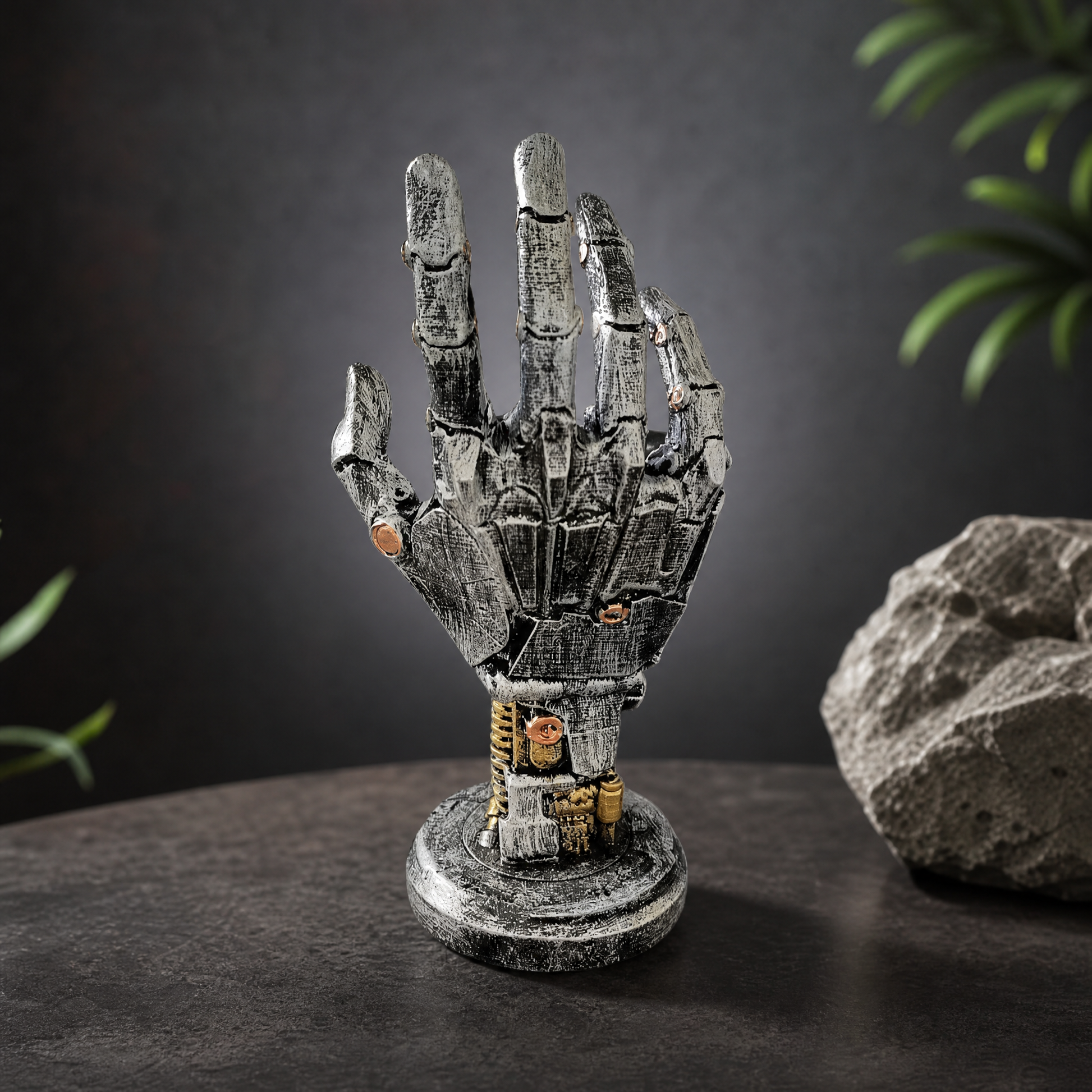 Silver robot hand holding a game controller