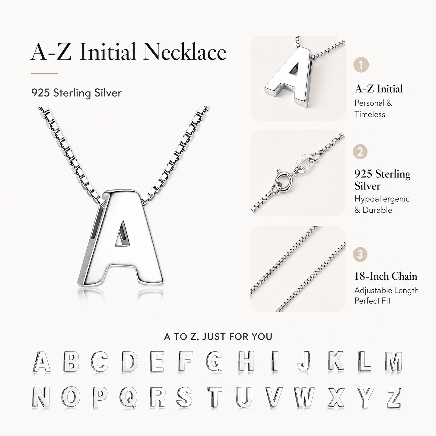 A-Z initial necklace in 925 sterling silver