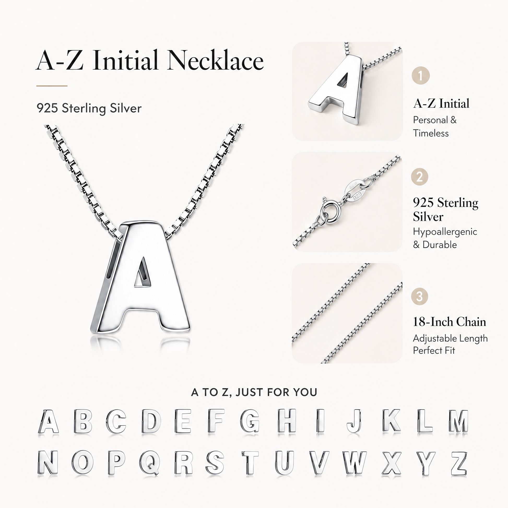A-Z initial necklace in 925 sterling silver