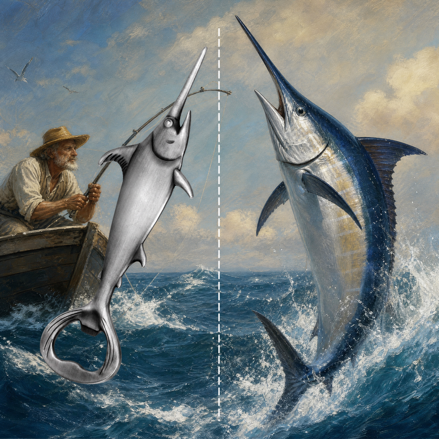 Close-up of the swordfish bottle opener design