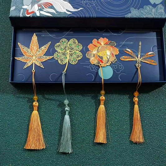 Close-up of an enamel metal bookmark with removable tassel