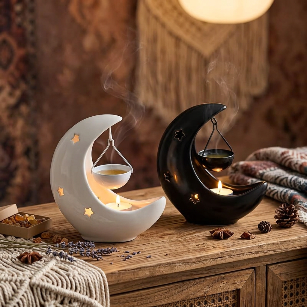 Ceramic oil diffuser candle holder with moon shape