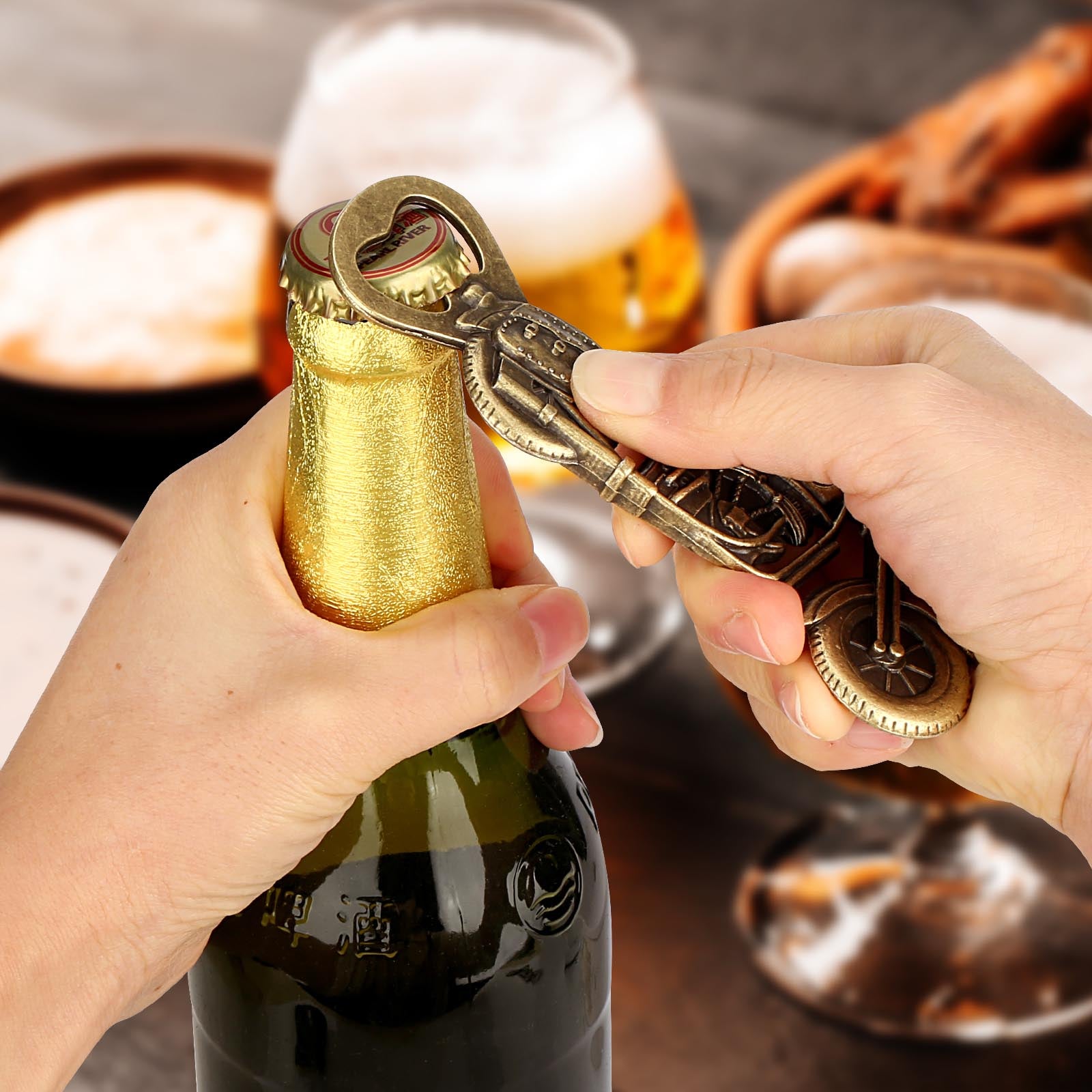 Close-up of a vintage-style motorcycle bottle opener