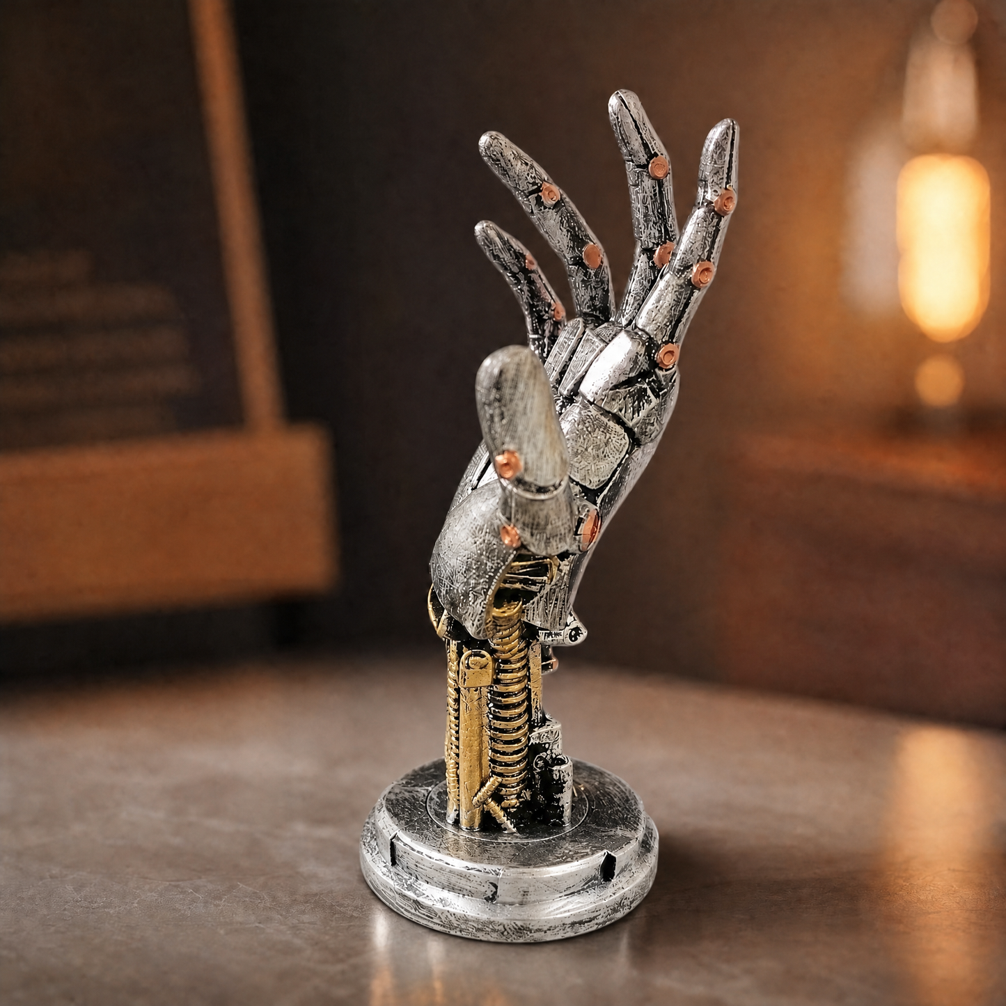Cyberpunk-style controller holder beside a PC setup