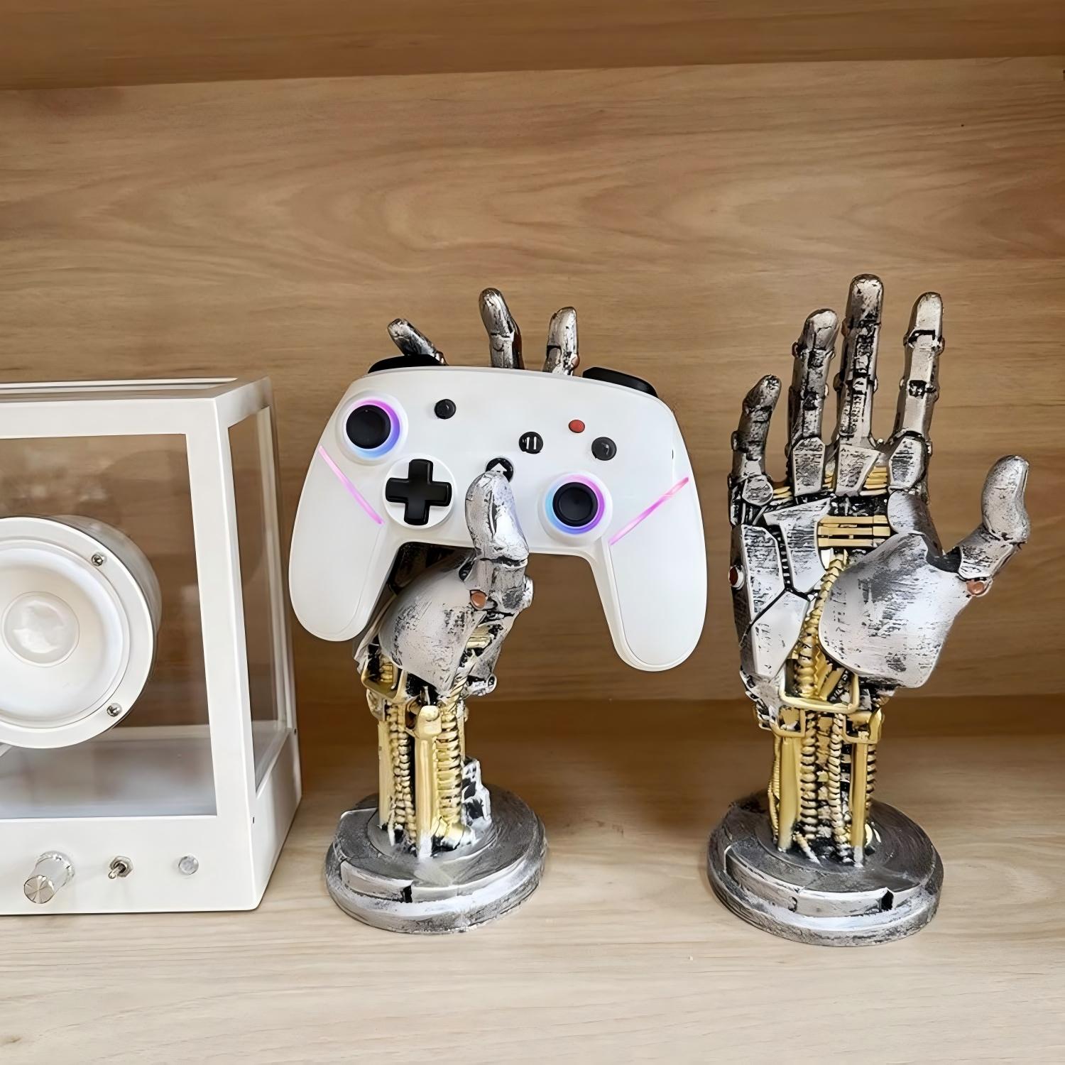 Mechanical hand stand displaying gaming accessories