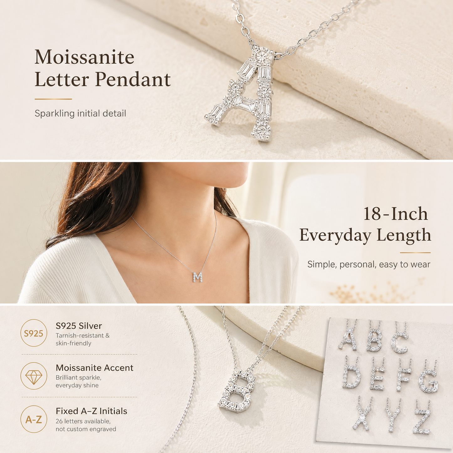 S925 silver letter pendant necklace with moissanite