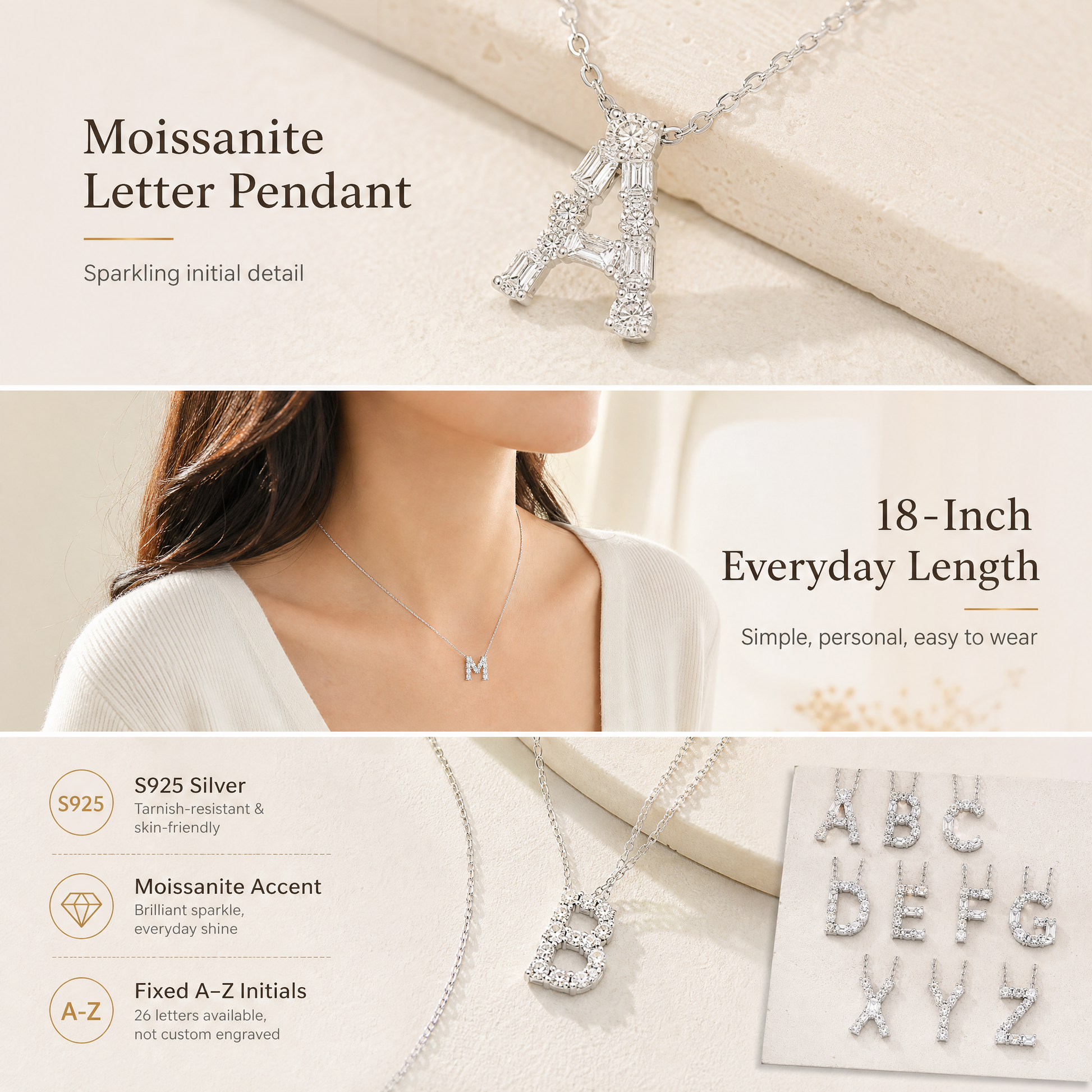 S925 silver letter pendant necklace with moissanite