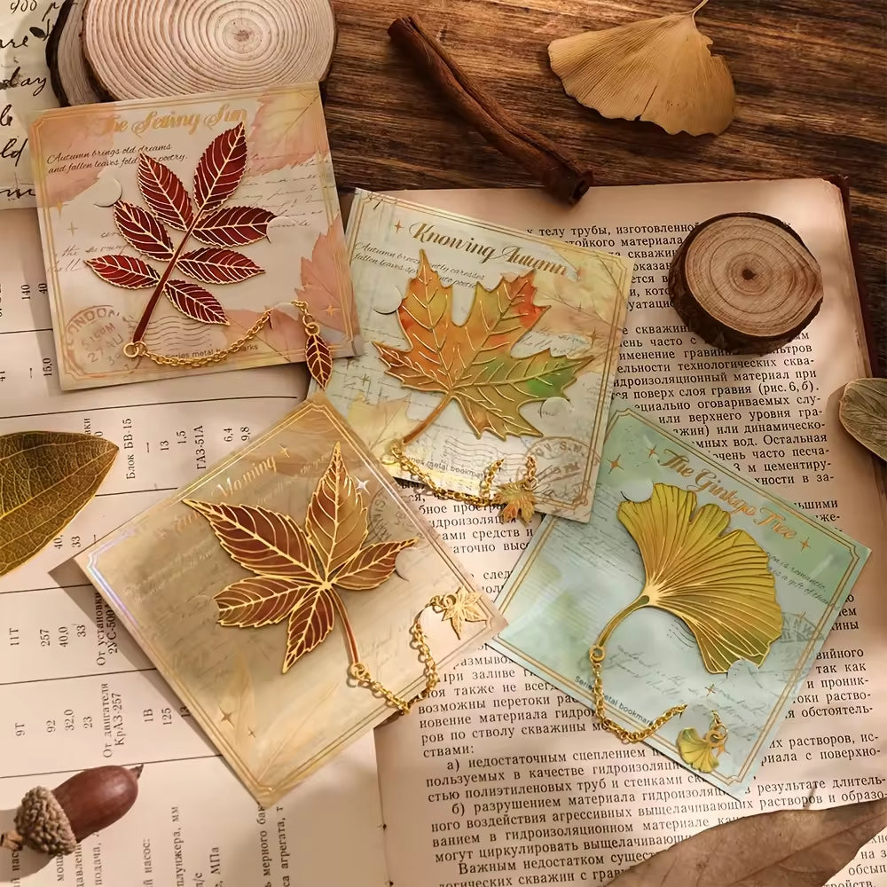 Set of 4 vintage leaf bookmarks with metal details